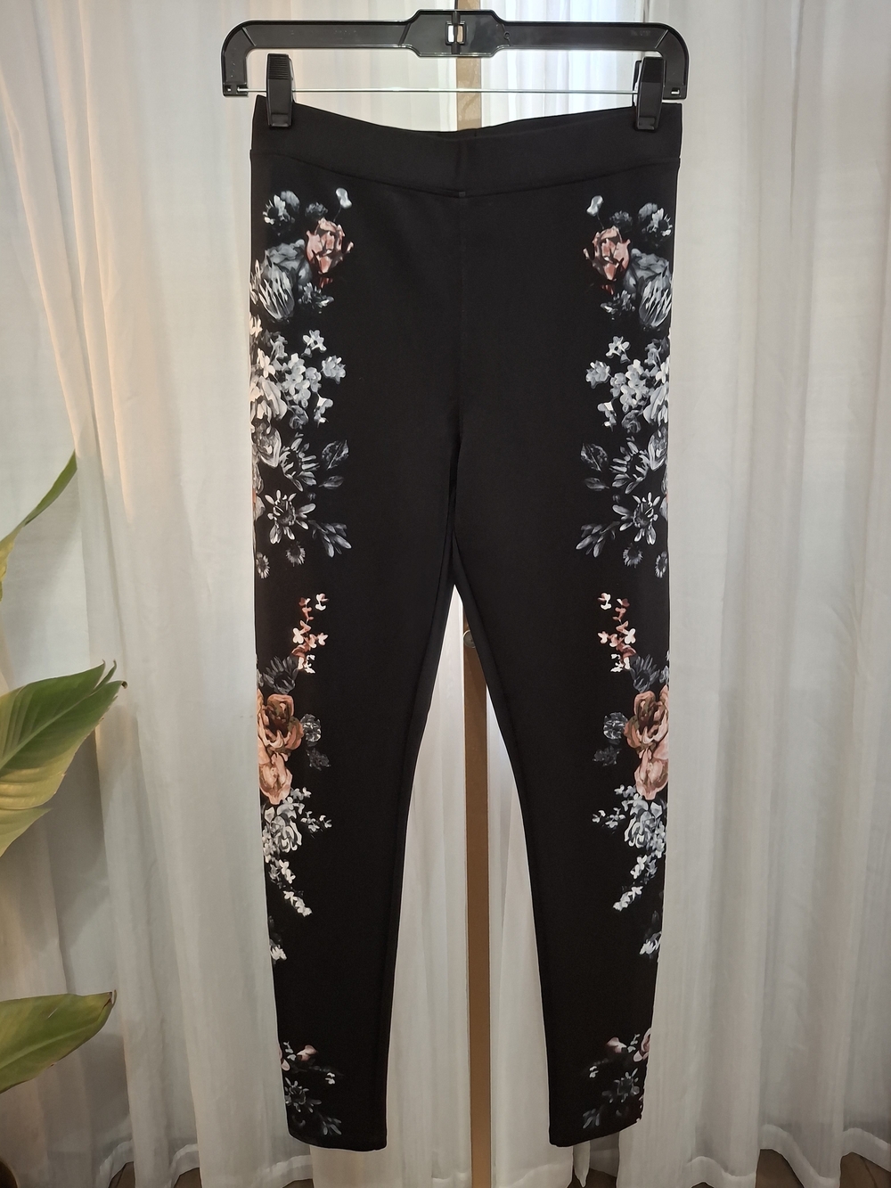 Express Black Ponte Leggings with Rose Floral Side Panels